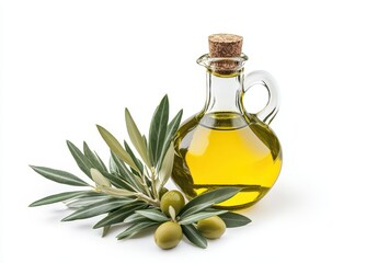 Glass bottle of olive oil with cork lid, fresh green olives and olive branch on white background for culinary and health themes