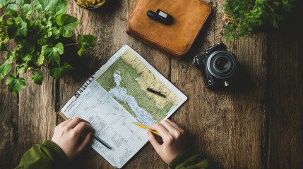 Traveler planning trip consulting map and notes on