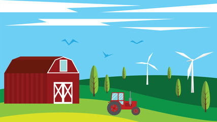 Green Eco Farming with Tractor and Wind Turbines Flat Style. Producing crops, vegetables and ecological energy vector art