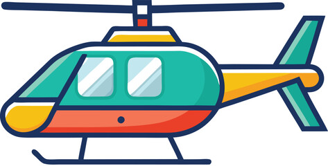 Illustration of Colorful Helicopter Icon, An illustrated helicopter with a bright, multi-colored design featuring teal, orange, and yellow accents, and clear windows.
