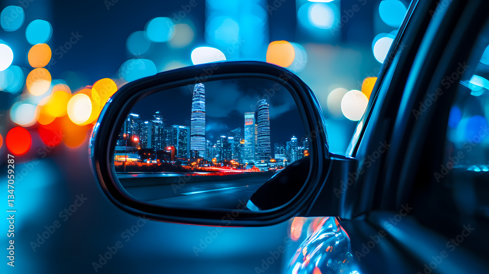 Poster urban reflection: captivating view of a cityscape reflected in a car mirror, the scene transforms in