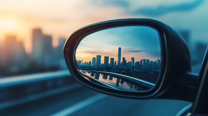 Cityscape Reflection in Side Mirror: Capturing the modern city skyline reflected in a car side mirror during sunset, conveying a sense of journey, travel, and urban exploration. 