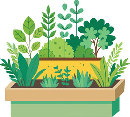 Illustration of a Green Herb Garden in a Planter, A colorful and vibrant illustration of a variety of plants and herbs growing in a green planter box, symbolizing nature and gardening.
