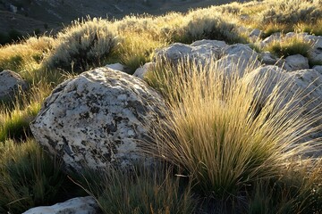prairie terrain is decorated with stone structures emphasizing contrast between tender grass and firm rock  
