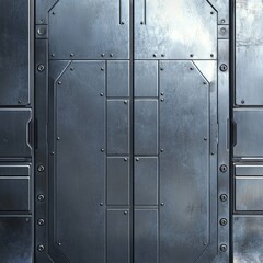 Futuristic metal door with rivets and panels in