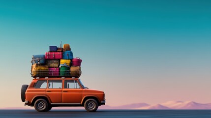 Fototapeta premium Vintage orange SUV with colorful luggage on roof rack embarking on adventure road trip in scenic desert landscape under clear blue sky and sun