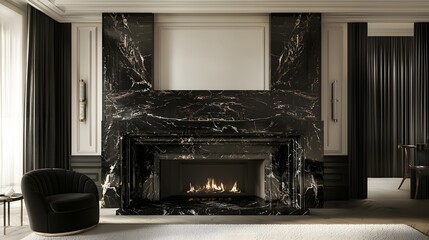 Elegant Black Marble Fireplace with Cozy Fire in a Modern Luxury Living Room Interior