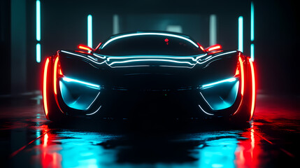 Illuminated Speed: A sleek, futuristic car with vibrant neon lights in a darkened setting, exuding speed and modernity.