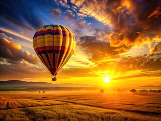 Fototapeta premium Golden sunrise bathes a hot air balloon silhouette against a vast, tranquil plain.