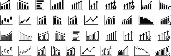 Graph and charts line n Fill icon set. icons related to graph, charts, candlesticks, bar charts. Business success graph chart with arrow. profit growing symbol, progress bar symbol.