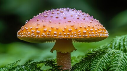 Vibrant, colorful mushroom with water droplets