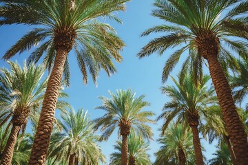 peaceful unity of palm groves and a haven stirs a feel of wonder as it reflects calm shelter from blazing desert heat and deep bond between these grand trees and life’s support  
