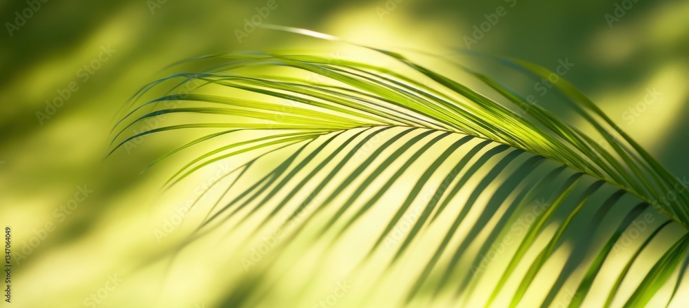 Poster green palm leaf with beautiful shadows on soft natural background highlighting the intricate details