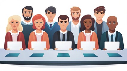 A diverse group of professionals seated at a table, each holding a laptop, illustrating teamwork and collaboration in a modern work environment.