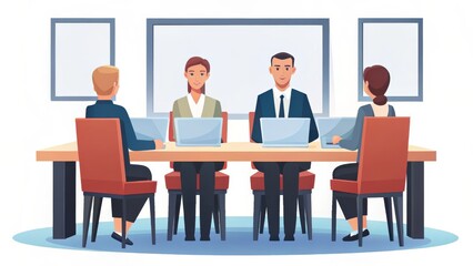 A group of four professionals engaged in a meeting at a conference table, working on laptops and collaborating in a modern office setting.