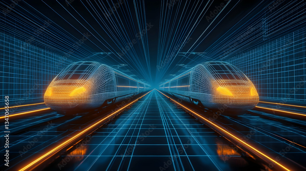 Poster wireframe high-speed trains with glowing orange lines on a digital grid track
