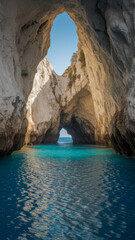 Fototapeta premium Scenic coastal cave formation with eroded limestone arch and reflections on sea surface