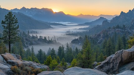 Sunrise valley mist, mountain panorama, scenic overlook