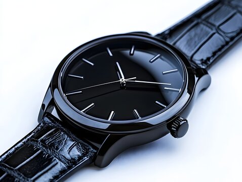 Exquisite Minimalist Luxury Black Leather Wristwatch on a Clean White Background