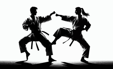 Silhouette of a man and a woman who practice karate. Vector graphics. EPS.