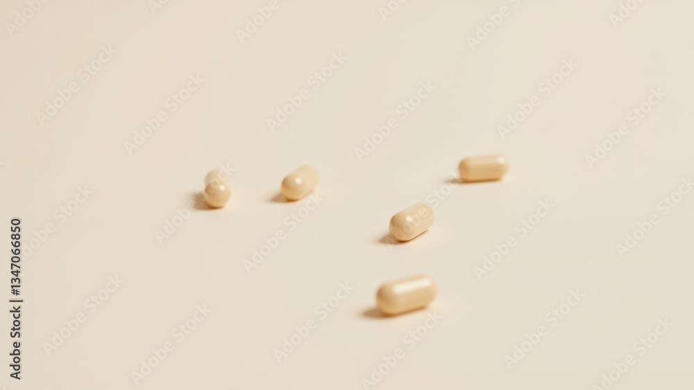 Poster close-up image of capsules arranged on a light surface.