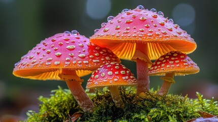Vibrant red toadstools with water droplets