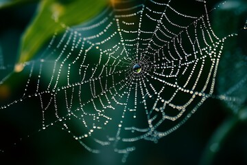 showcases intricate artistry of a spiderweb adorned with a dew drop revealing fine strands glowing bead and balanced bond between spider and its habitat  
