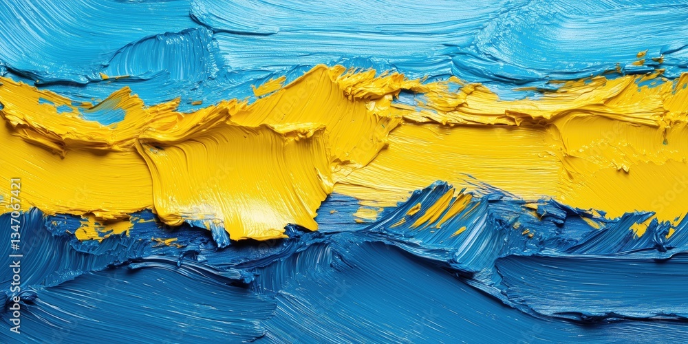 Poster vibrant abstract painting featuring bold strokes of blue and yellow, creating a dynamic and textured