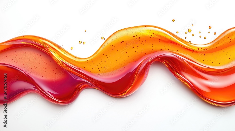 Poster vibrant wave of orange and red liquid with droplets, creating a dynamic and artistic visual effect.