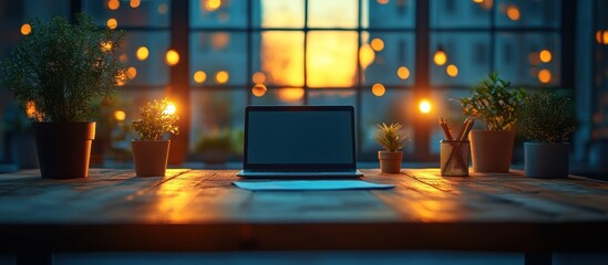 Laptop on wooden desk at sunset with plants.