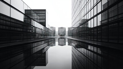 Obraz premium Modern city buildings reflected in a canal. Urban architecture mirrored in water. Possible use Business, architecture, design
