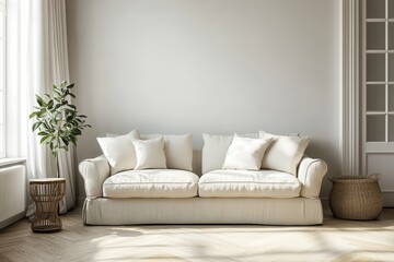 Serene Minimalist Living Space Soft Neutral Tones, Modern Scandinavian Furniture, and Gentle Natural Light Enhancing a Cozy, Elegant Atmosphere