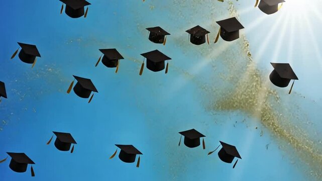 Graduation caps against the blue sky symbolize success and achievement. Perfect for academic and graduationthemed designs, such as invitations or educational content.