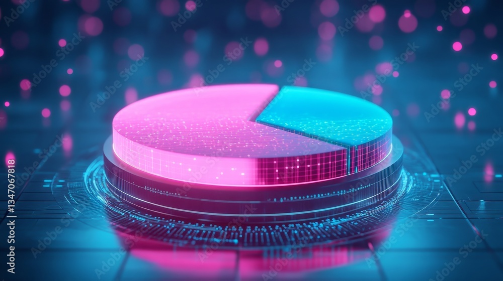 Poster a holographic d pie chart with glowing pink and blue segments, displayed above a futuristic digital 