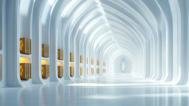 Enigmatic Future Library with Levitating Books and Ancient AI Entity Watching from Crystal-Ceiled Heights