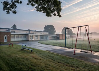 A quiet, misty dawn settles over an empty elementary school playground, the swings still, a poignant stillness hanging in the soft morning light.