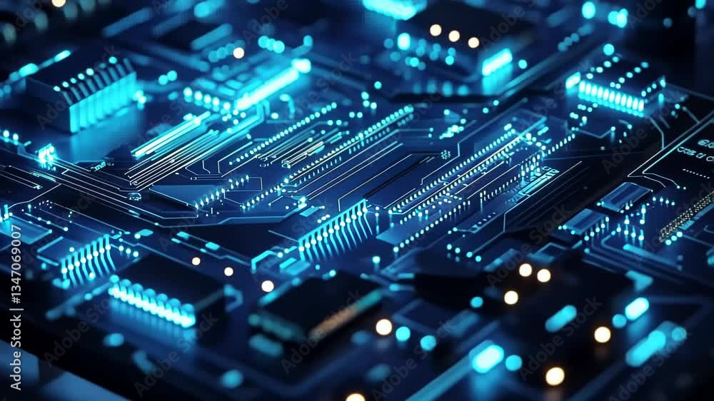 Poster close-up view of a futuristic circuit board with glowing components and intricate designs showcasing