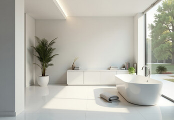 Modern Minimalist Bathroom Interior with Freestanding Tub and Garden View