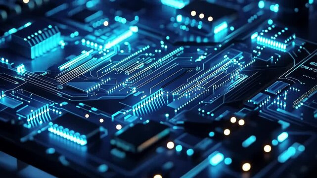 Close-up view of a futuristic circuit board with glowing components and intricate designs showcasing advanced technology in electronics