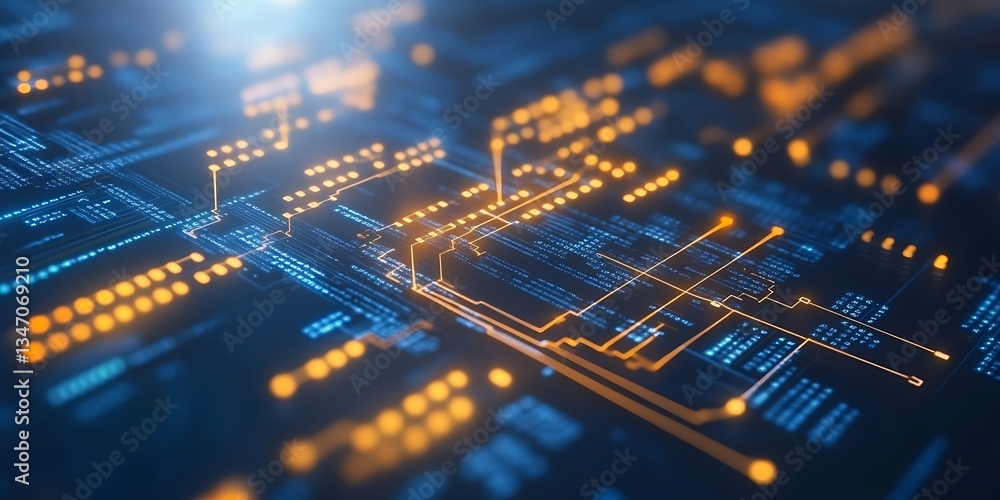 Poster futuristic technology concept with glowing circuits and data visualization