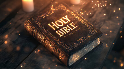 Create a mystical and divine scene featuring an ancient HOLY BIBLE resting on a rustic wooden table. 