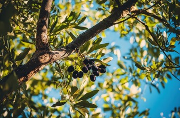 Lush Olive Tree Branch with Ripe Olives Against a Clear Blue Sky Surrounded by Green Leaves in a Sunny and Vibrant Atmosphere