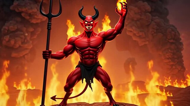 Standing Red Devil Holding Pitchfork in Fiery Hellscape Illustration