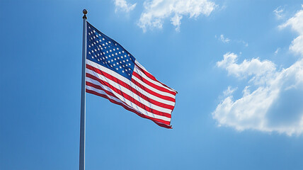 Independence Day of the USA. United States Flag Day. The US flag is in close-up in the wind against a blue sky.