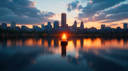 Naklejka premium A Single Candle Illuminates Calm Waters Mirro Boston's Skyline at Sunset in Stunningly Photorealistic 2-Giixel High Fidelity Detail