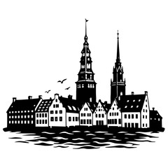 Obraz premium A picturesque waterfront village with quaint houses and two prominent church towers set against a backdrop of calm waters.