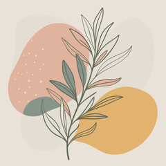 Elegant botanical design with leaves and abstract shapes in soft pastel colors.