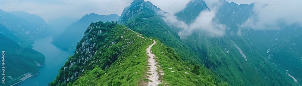 Poster a mountain range with a river running through it