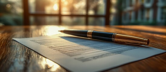 Fototapeta premium Elegant pen rests on contract document on wooden table, near window.