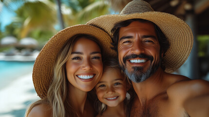 Joyful Family Vacation Moment &ndash; Mother, Father, and Little Girl Posing for Beach Selfie in Summer Hats